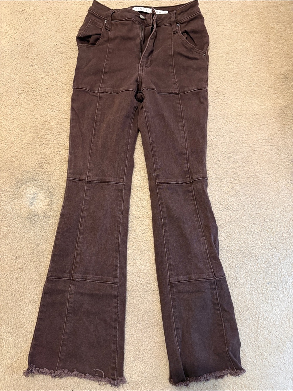 Brown Flared Stitch-Panel Jeans